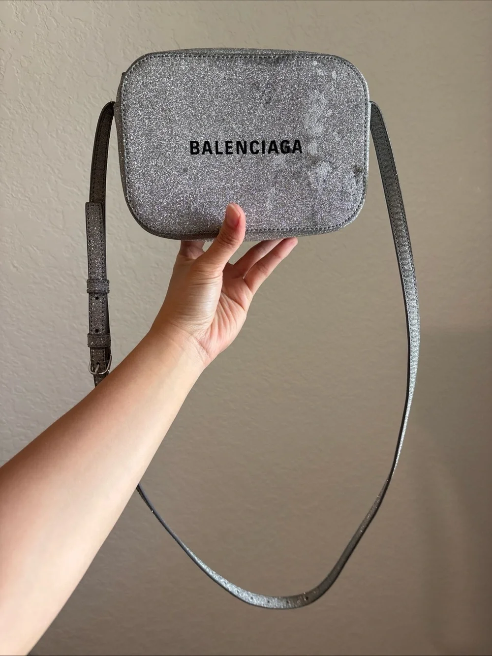 Balenciaga Glitter Silver Leather Camera Crossbody Bag Made In Italy